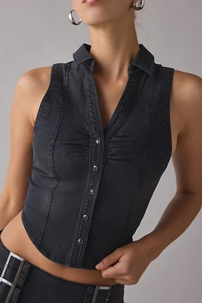 BDG Rae Snap-Front Cropped Denim Vest Top