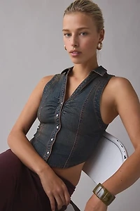 BDG Rae Snap-Front Cropped Denim Vest Top