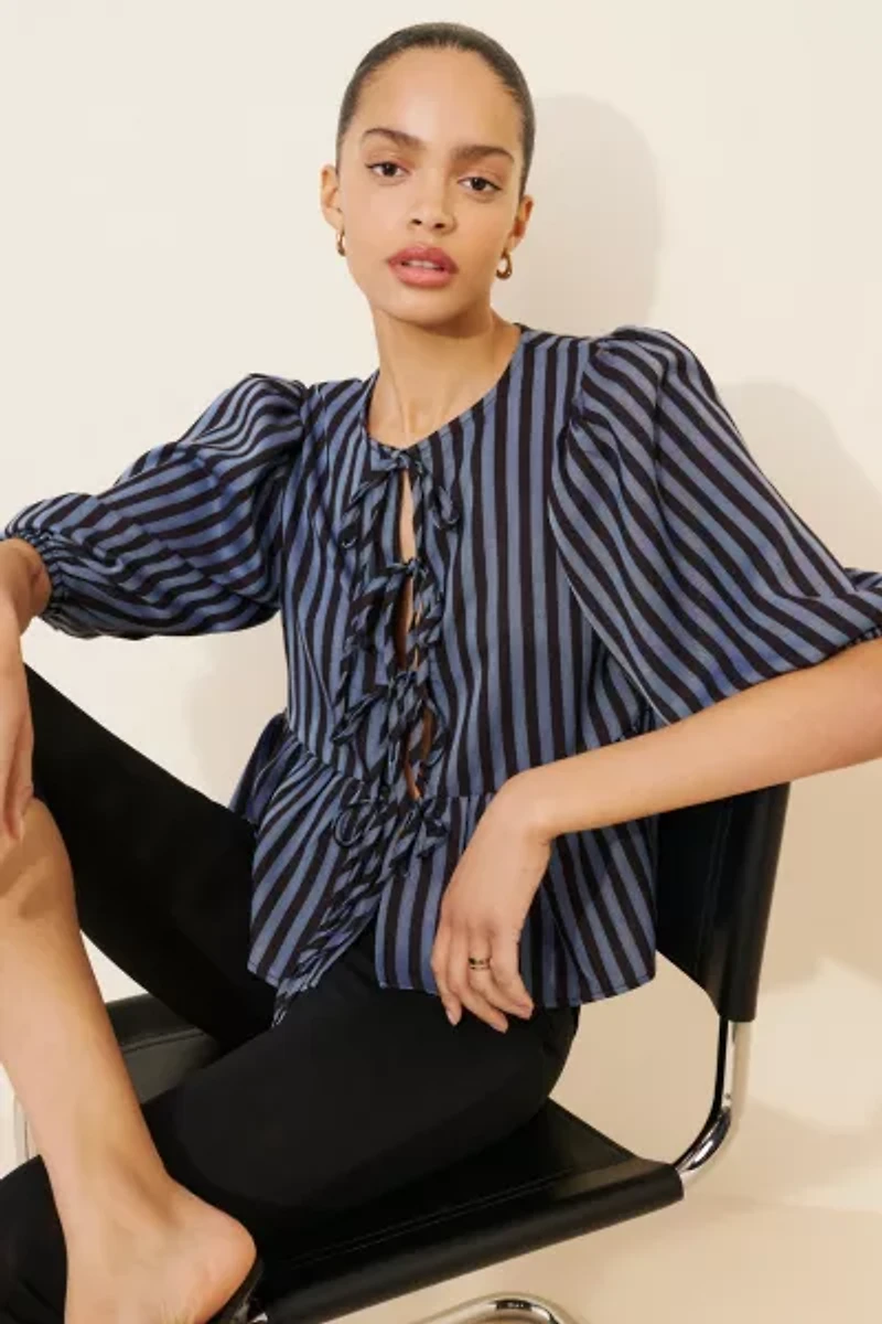 Glamorous Striped Tie Front Blouse