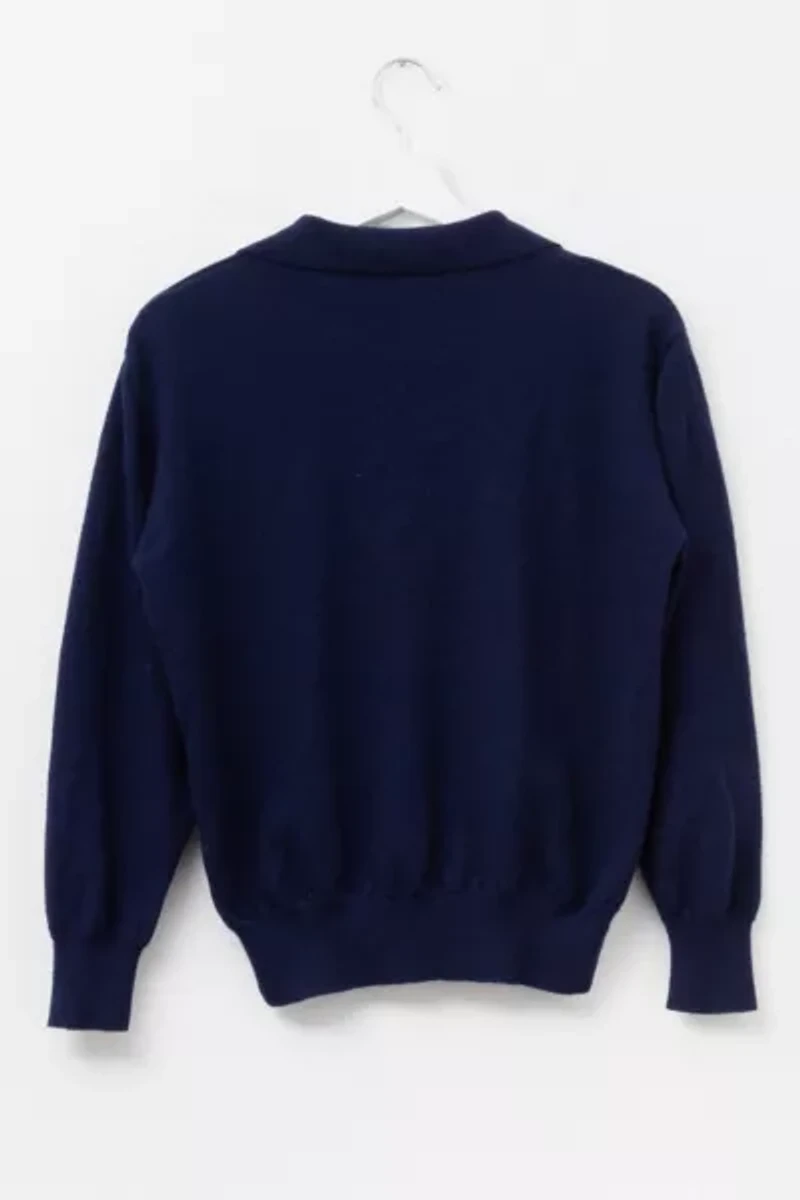 Vintage 1970s Distressed Navy Blue Cashmere 1/4 Button Sweater