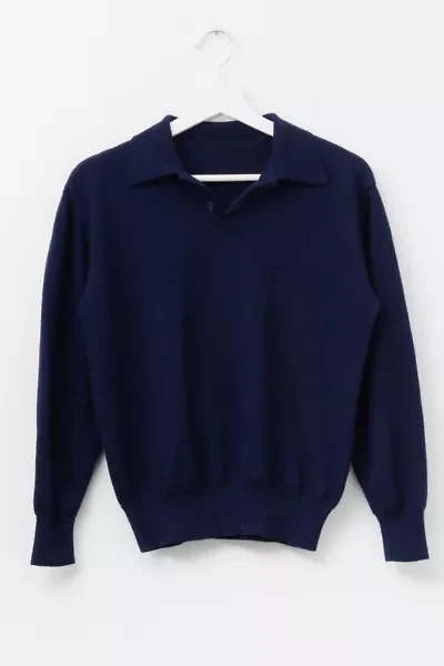 Vintage 1970s Distressed Navy Blue Cashmere 1/4 Button Sweater