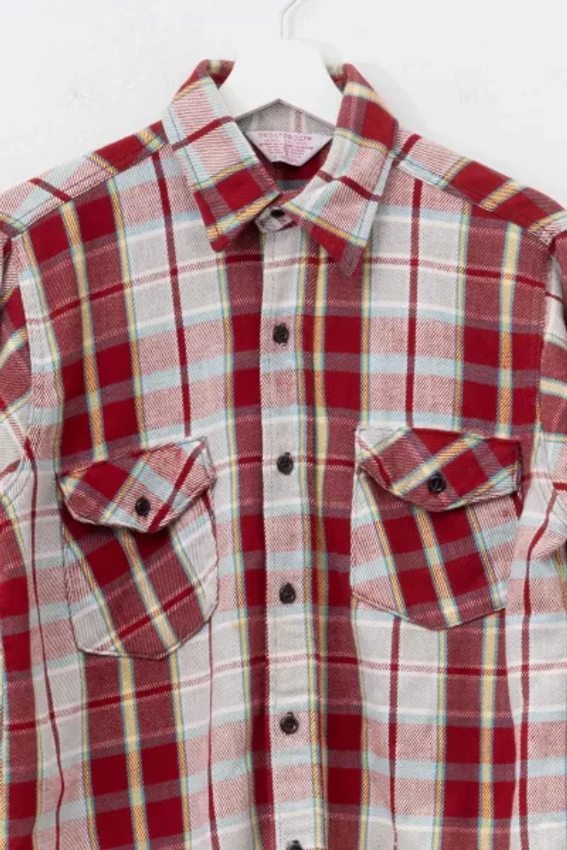 Vintage 1970s Distressed Cotton Plaid Red Yellow White Button Up Shirt Made in USA