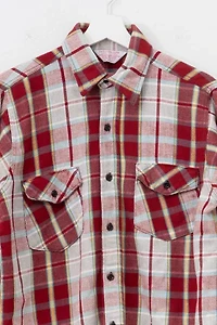 Vintage 1970s Distressed Cotton Plaid Red Yellow White Button Up Shirt Made in USA