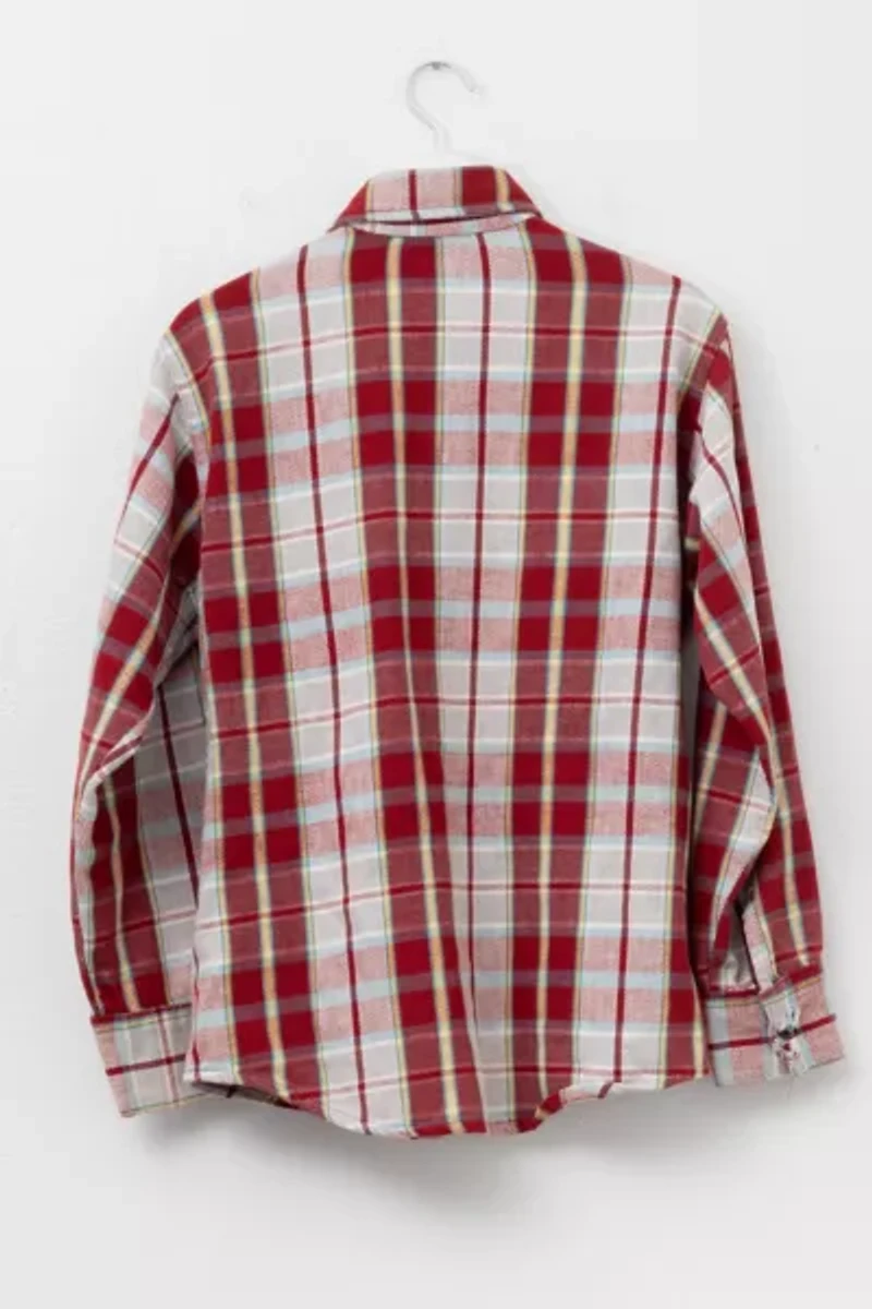 Vintage 1970s Distressed Cotton Plaid Red Yellow White Button Up Shirt Made in USA