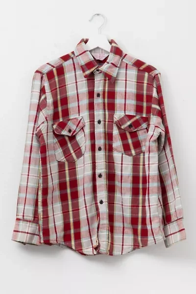 Vintage 1970s Distressed Cotton Plaid Red Yellow White Button Up Shirt Made in USA