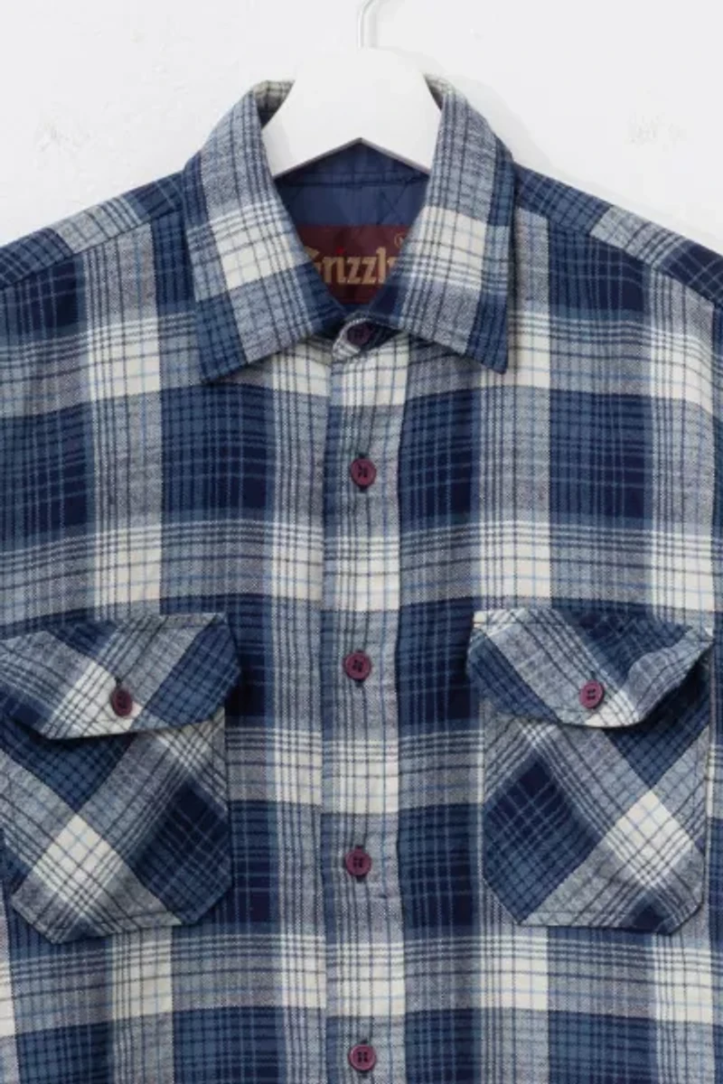 Vintage 1980s Blue White Quilt Lined Plaid Button Up Shirt