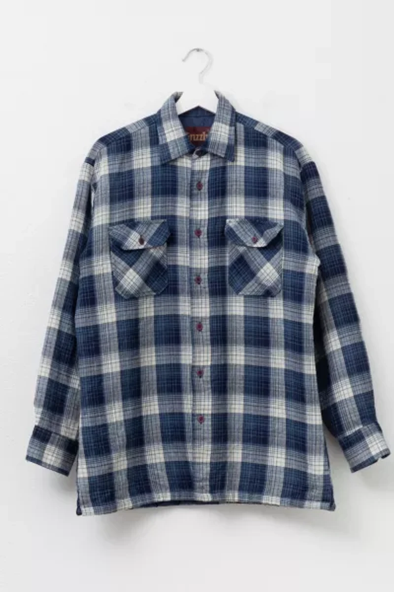 Vintage 1980s Blue White Quilt Lined Plaid Button Up Shirt