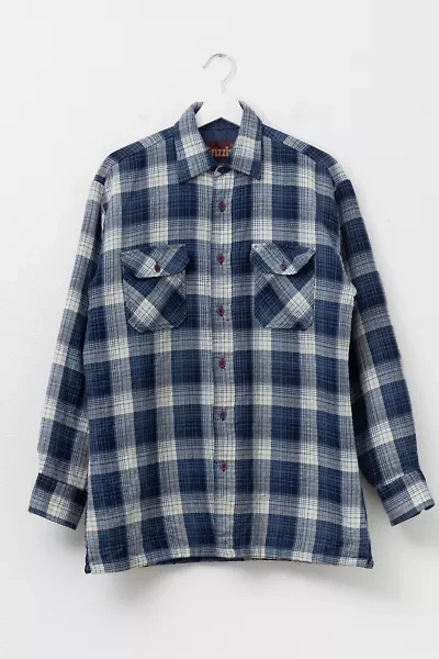 Vintage 1980s Blue White Quilt Lined Plaid Button Up Shirt