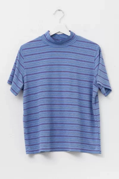 Vintage 1980s Blue Striped Short Sleeve Mock Neck T-Shirt