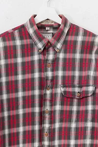 Vintage 1990s Distressed Red Black Plaid Flannel Cotton Button Up Shirt