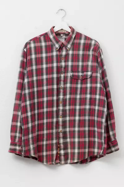 Vintage 1990s Distressed Red Black Plaid Flannel Cotton Button Up Shirt