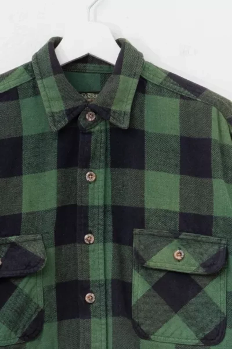 Vintage 1990s Distressed Green Black Cotton Plaid Button Up Shirt