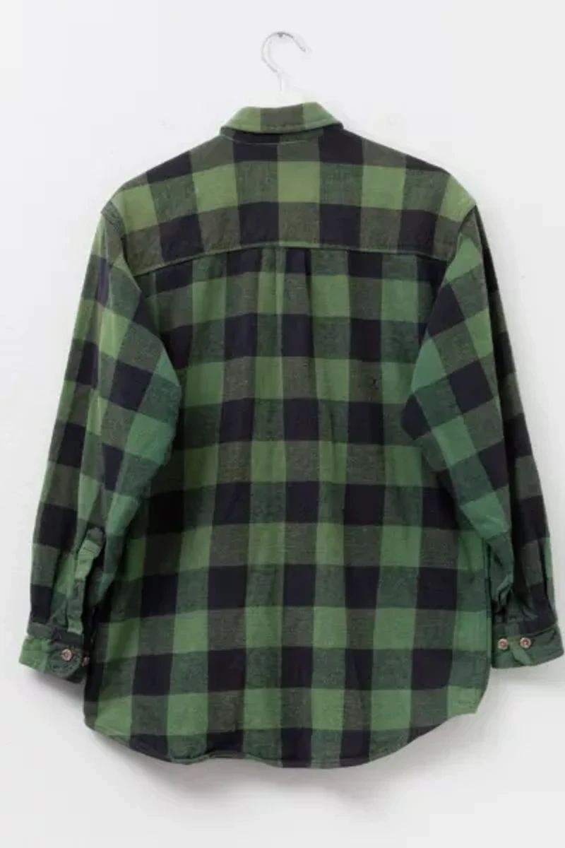 Vintage 1990s Distressed Green Black Cotton Plaid Button Up Shirt