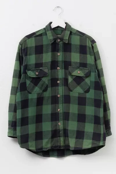 Vintage 1990s Distressed Green Black Cotton Plaid Button Up Shirt
