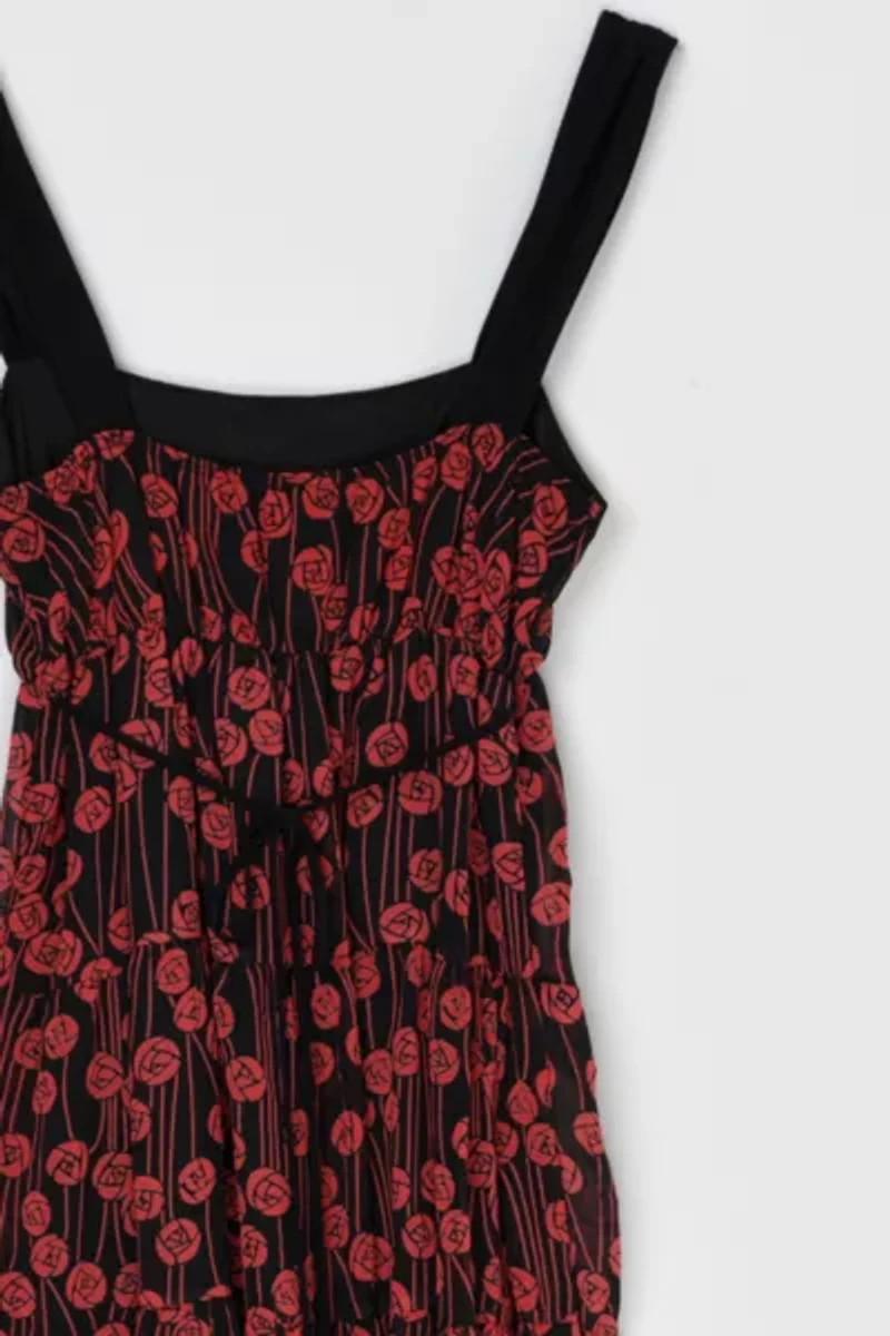 Vintage Y2k Black & Red Printed Tiered Mini Dress