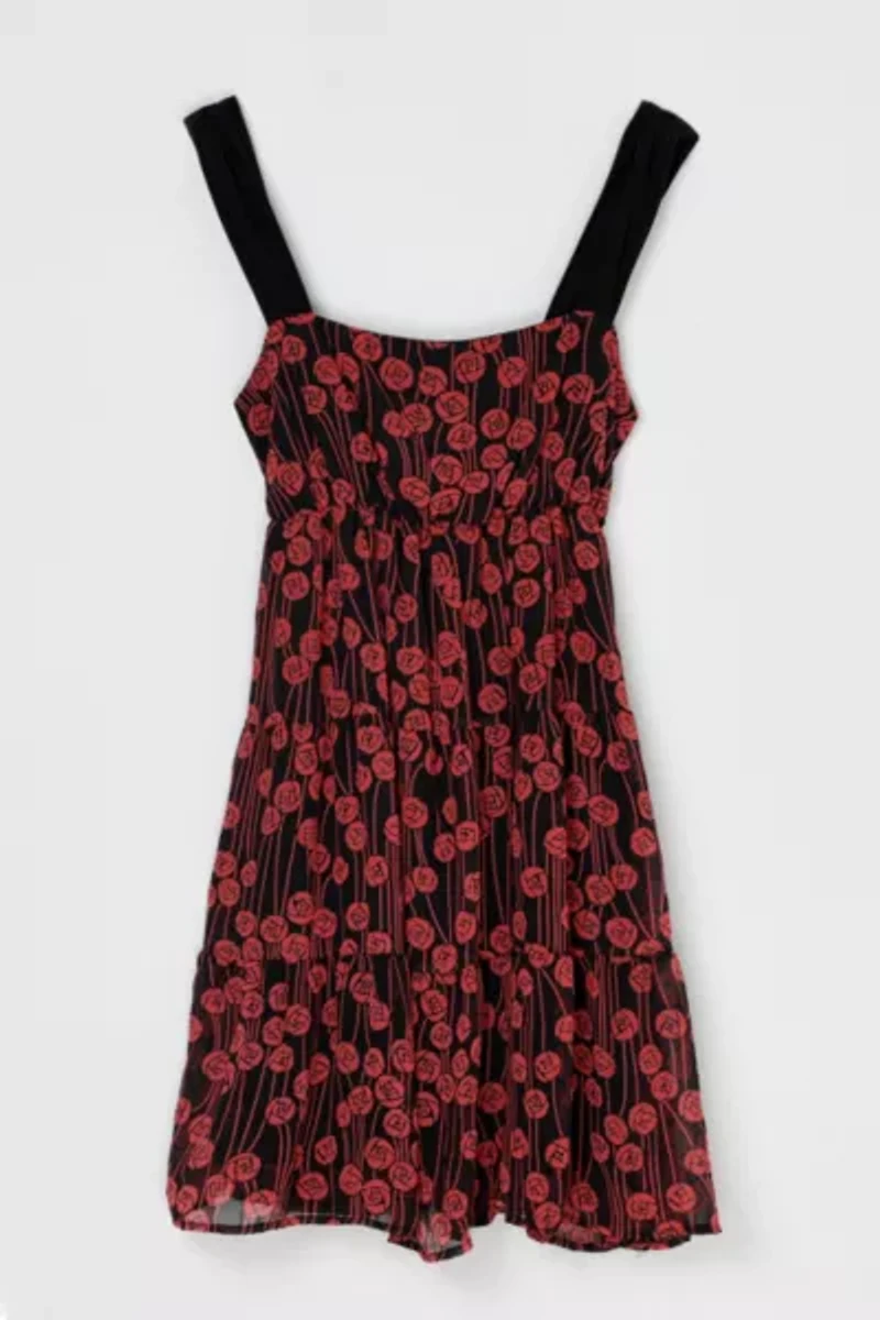 Vintage Y2k Black & Red Printed Tiered Mini Dress