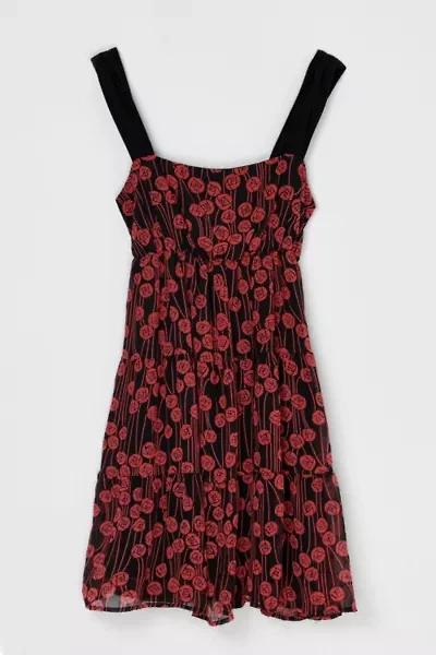 Vintage Y2k Black & Red Printed Tiered Mini Dress