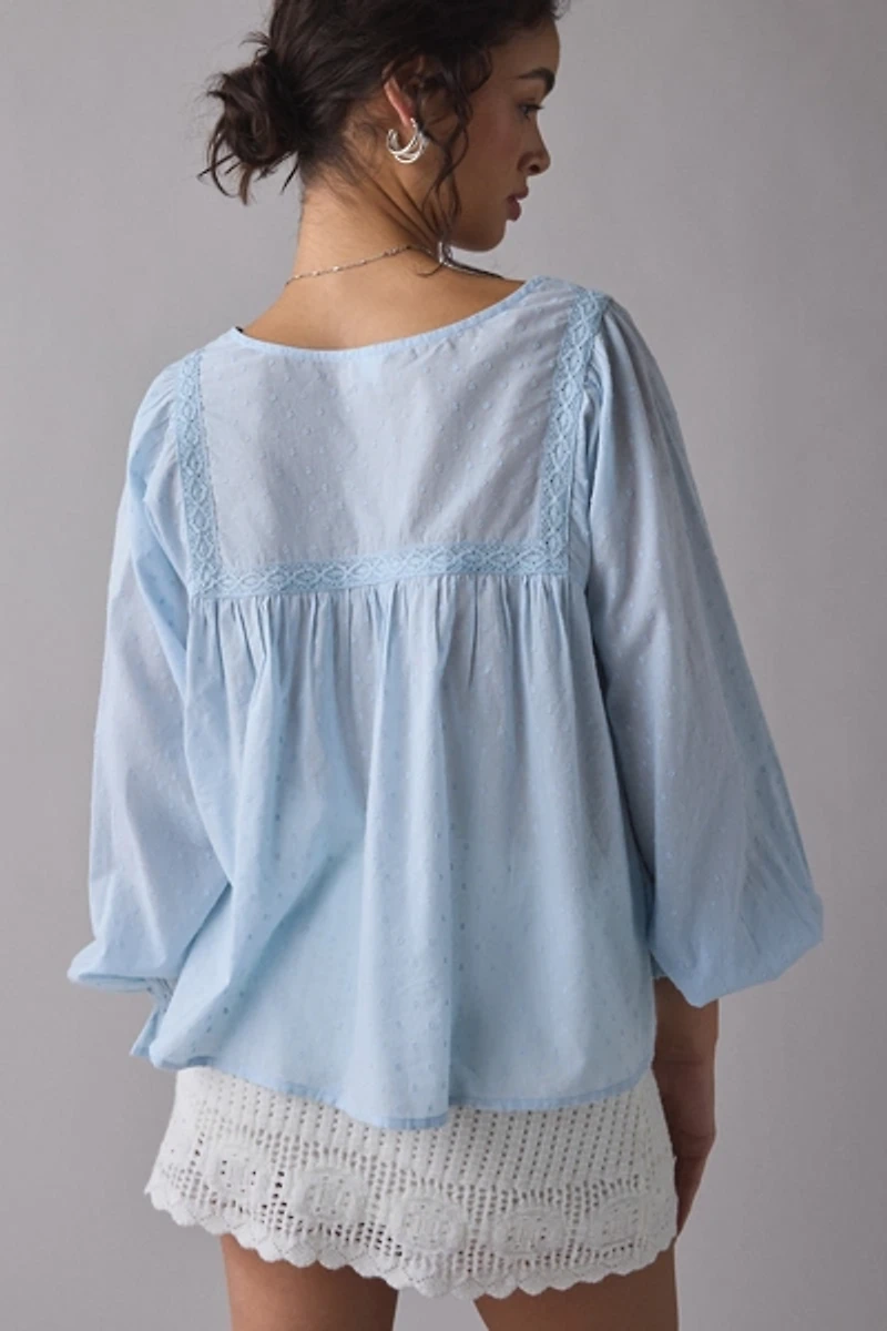 Kimchi Blue Hazel Lace Trim Long Sleeve Babydoll Top