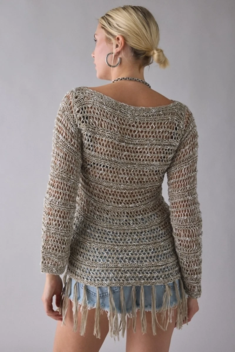 UO Fringed Open-Stitch Poncho Sweater