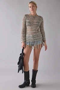 UO Fringed Open-Stitch Poncho Sweater
