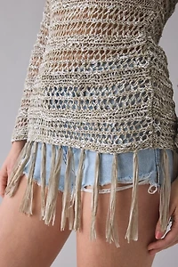 UO Fringed Open-Stitch Poncho Sweater