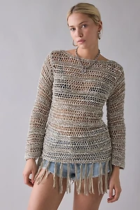 UO Fringed Open-Stitch Poncho Sweater