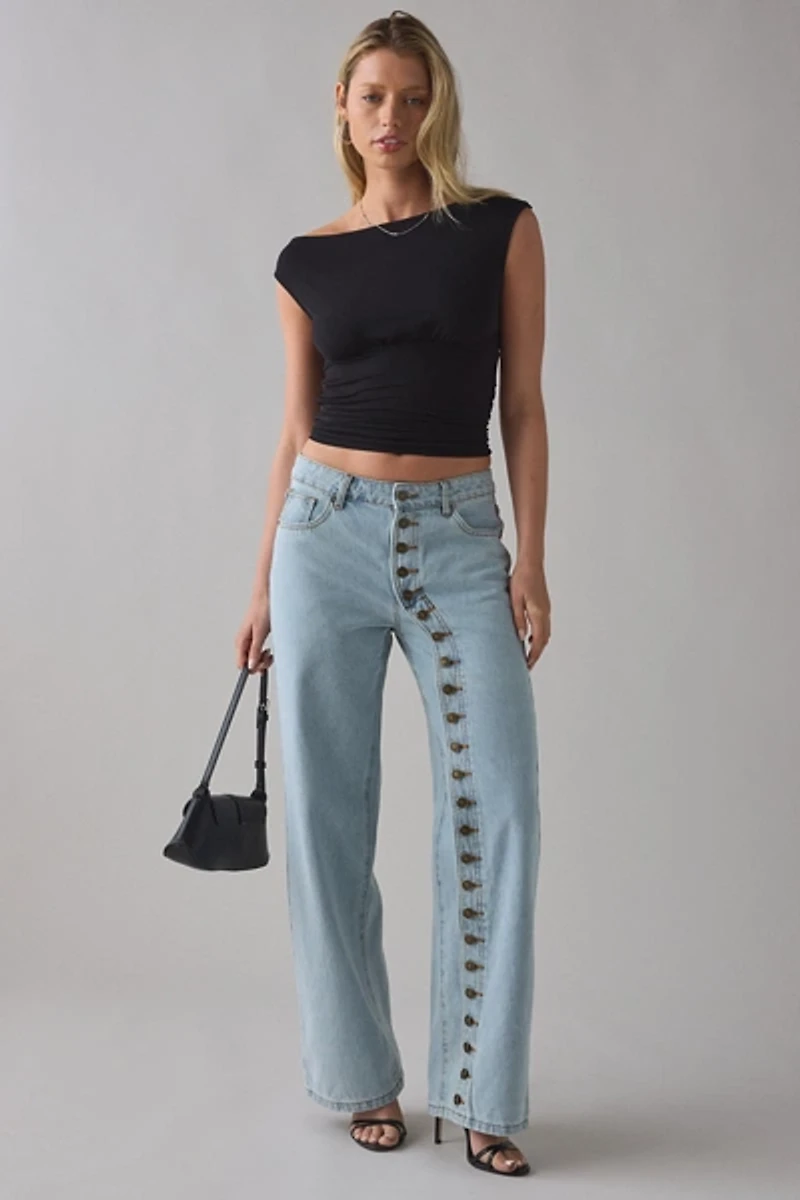Lioness Penny Asymmetric Button Detail  Low Rise Straight Leg Jean