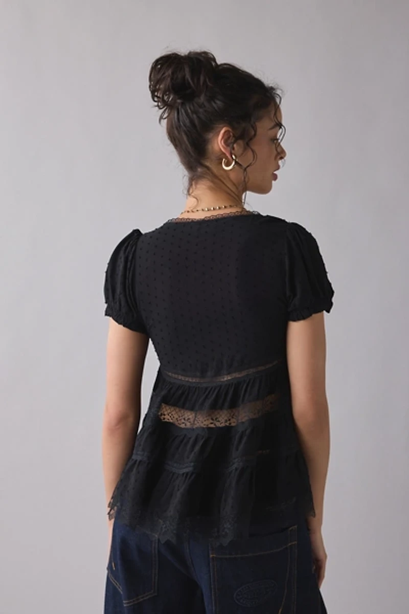 Kimchi Blue Dawn Sheer Lace Trim Puff Sleeve Babydoll Top