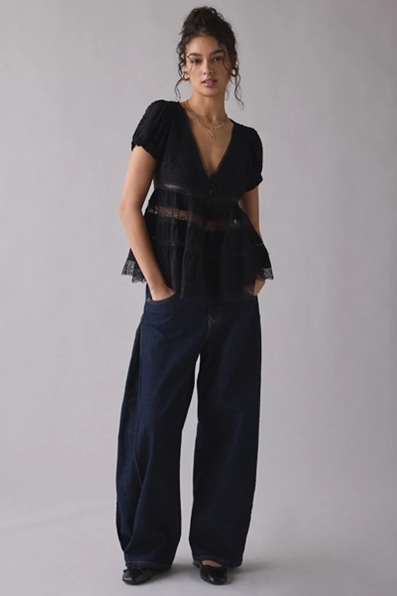 Kimchi Blue Dawn Sheer Lace Trim Puff Sleeve Babydoll Top