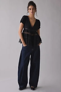 Kimchi Blue Dawn Sheer Lace Trim Puff Sleeve Babydoll Top