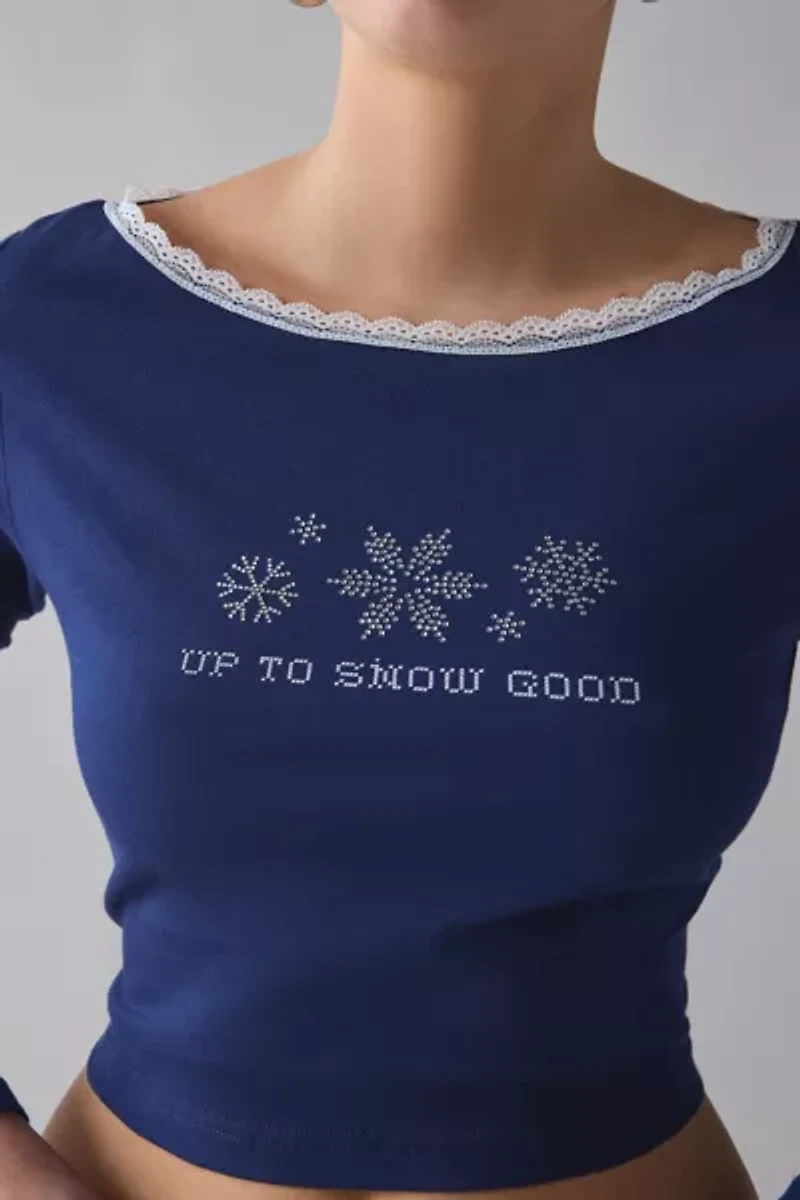 Up To Snow Good Rhinestone Graphic Boatneck Long Sleeve Tee