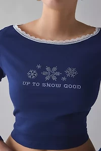 Up To Snow Good Rhinestone Graphic Boatneck Long Sleeve Tee