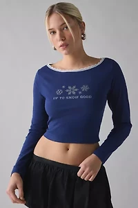 Up To Snow Good Rhinestone Graphic Boatneck Long Sleeve Tee