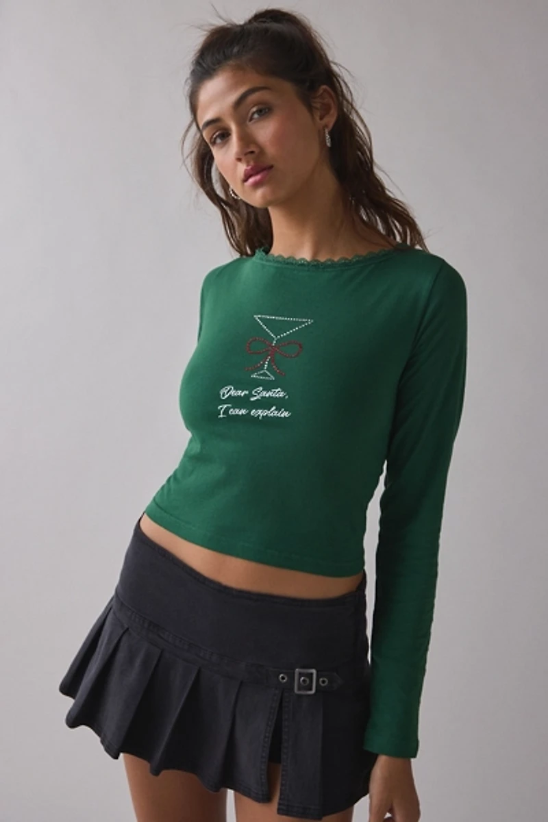 Dear Santa Martini Rhinestone Graphic Boatneck Long Sleeve Tee
