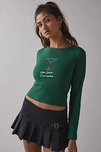 Dear Santa Martini Rhinestone Graphic Boatneck Long Sleeve Tee