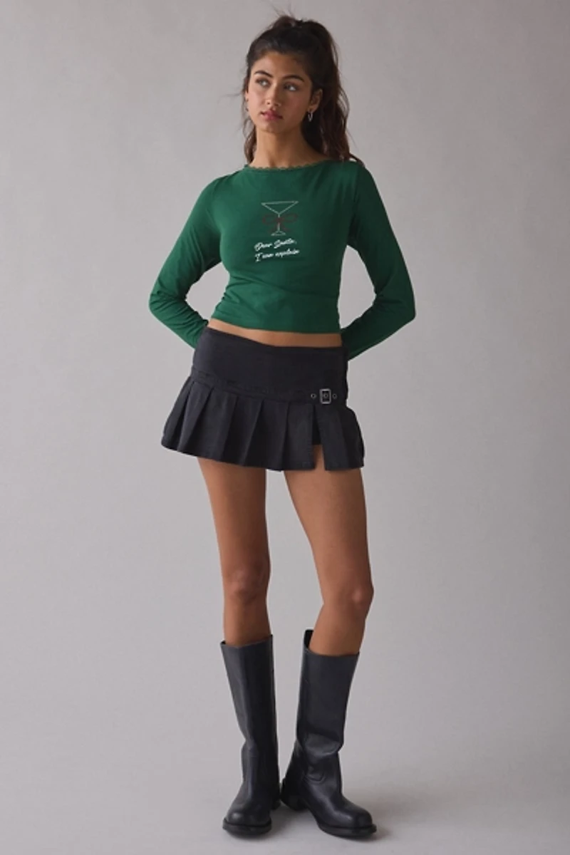 Dear Santa Martini Rhinestone Graphic Boatneck Long Sleeve Tee