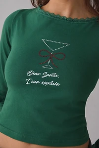 Dear Santa Martini Rhinestone Graphic Boatneck Long Sleeve Tee