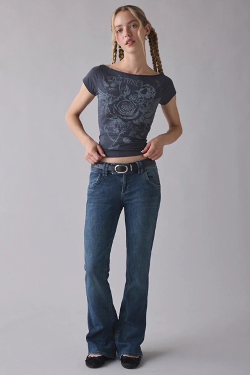 Lovers Rhinestone Graphic Off-The-Shoulder Slim Tee