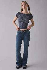 Lovers Rhinestone Graphic Off-The-Shoulder Slim Tee