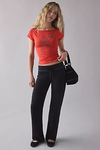 Rose Rhinestone Graphic Off-The-Shoulder Slim Tee