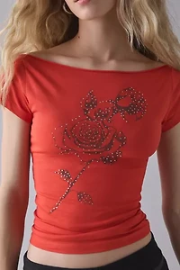 Rose Rhinestone Graphic Off-The-Shoulder Slim Tee