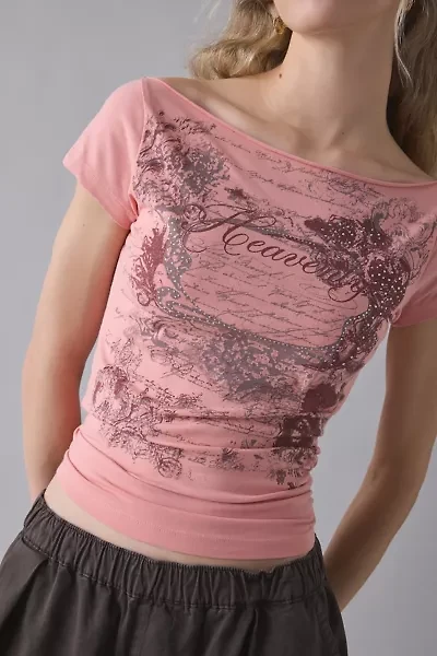 Heavenly Rhinestone Graphic Off-The-Shoulder Slim Tee