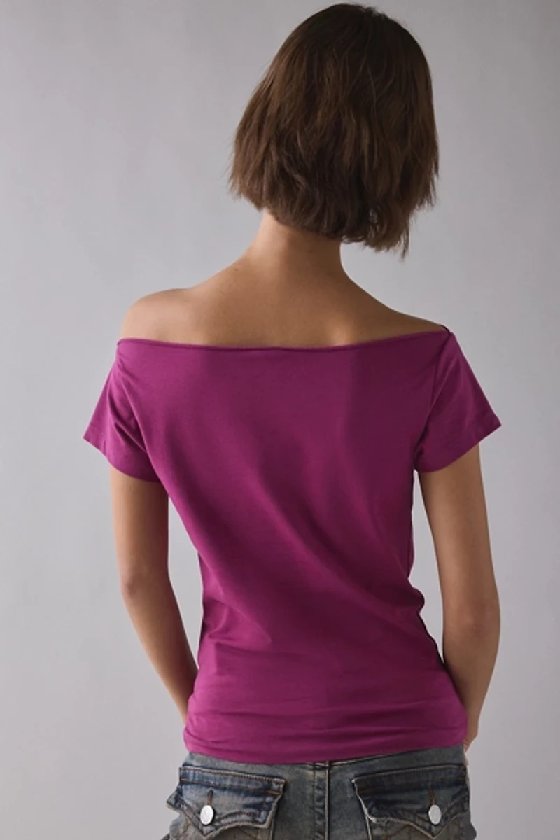 Cherry Gold Metallic Graphic Baoatneck Off-The-Shoulder Tee