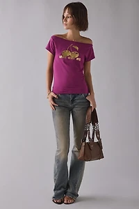 Cherry Gold Metallic Graphic Baoatneck Off-The-Shoulder Tee
