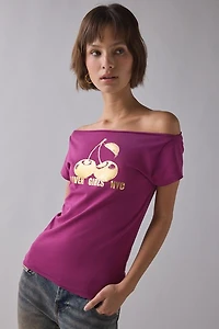 Cherry Gold Metallic Graphic Baoatneck Off-The-Shoulder Tee