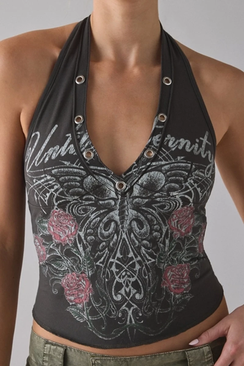 Eternity Graphic Silver Eyelet Studded Plunging Halter Tee