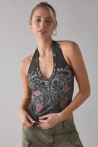Eternity Graphic Silver Eyelet Studded Plunging Halter Tee