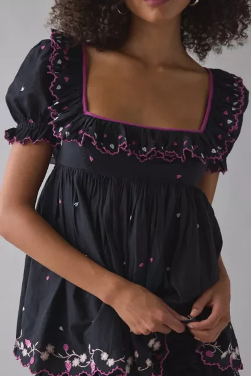 Kimchi Blue Clara Embroidered Puff Sleeve Babydoll Tunic Top