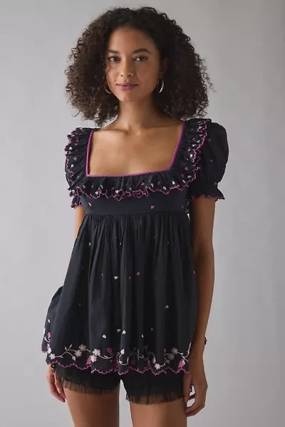 Kimchi Blue Clara Embroidered Puff Sleeve Babydoll Tunic Top