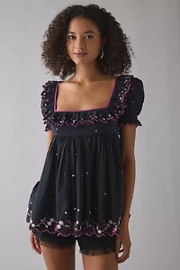 Kimchi Blue Clara Embroidered Puff Sleeve Babydoll Tunic Top